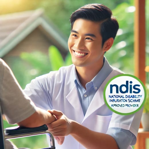 NDIS approved provider badge over a carer assisting a client outdoors